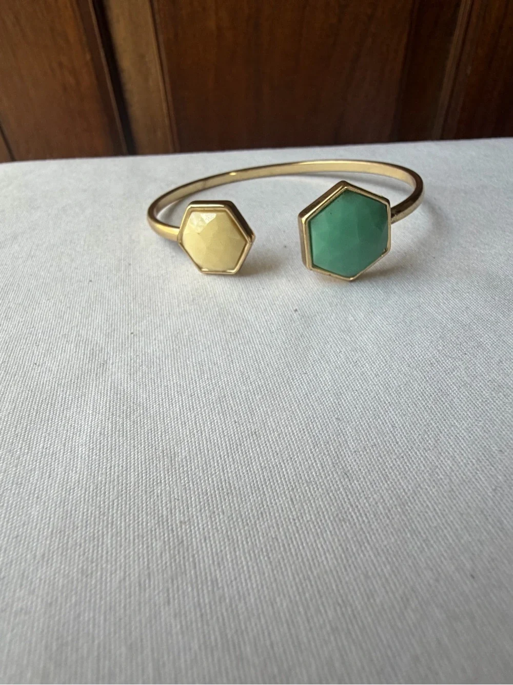 Kensie Gold Tone Faceted Stone Hexagon Open Cuff Bracelet Green Ivory